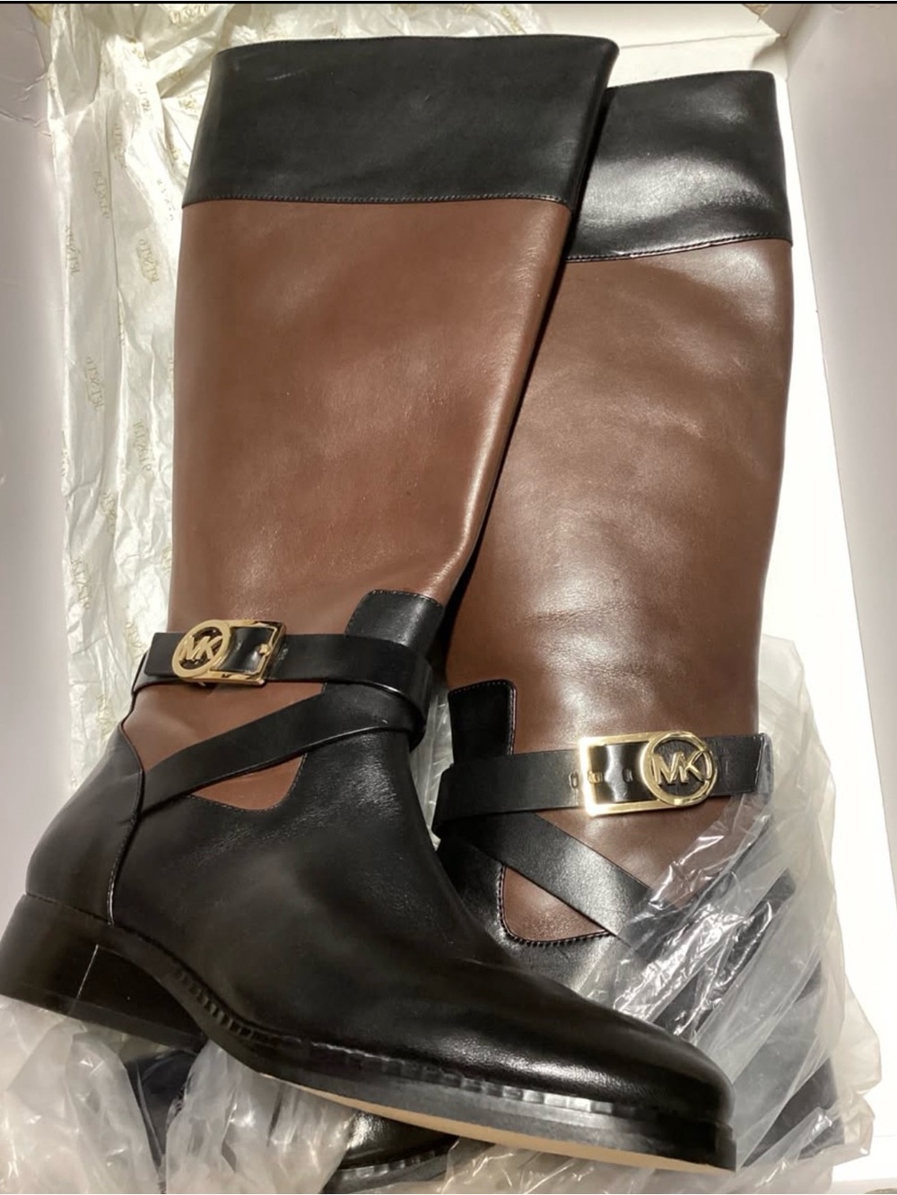 Michael Kors Black & Brown Leather Riding Boots with Gold MK Buckles